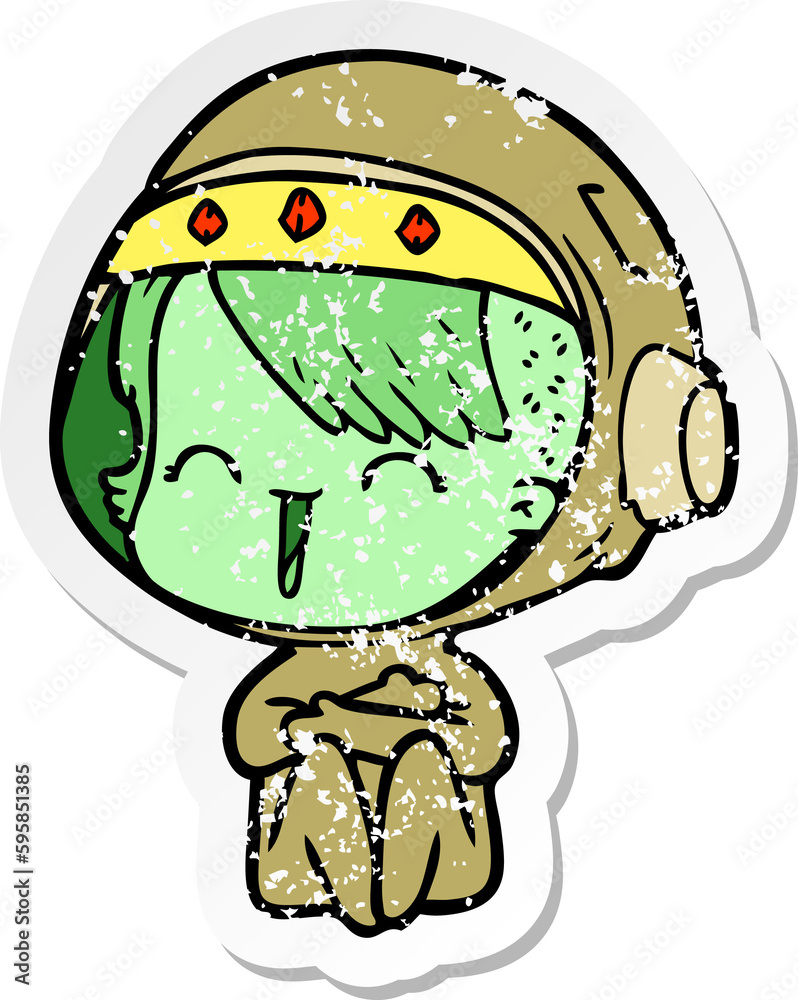 distressed sticker of a happy cartoon space girl distressed sticker of a happy cartoon space girl
