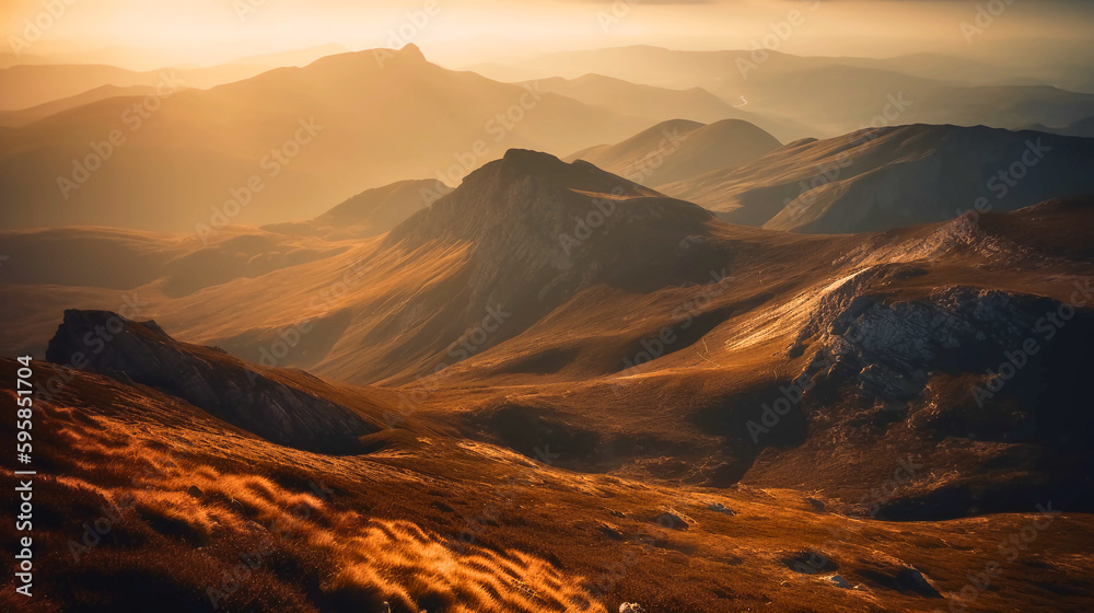 A dramatic view of a mountain range at sunset, with warm golden light and long shadows conveying a sense of peace and grounding, Created with generative Ai Technology.
 