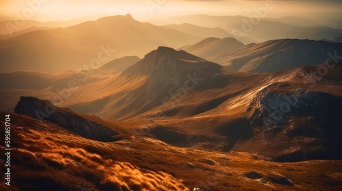 A dramatic view of a mountain range at sunset, with warm golden light and long shadows conveying a sense of peace and grounding, Created with generative Ai Technology. 