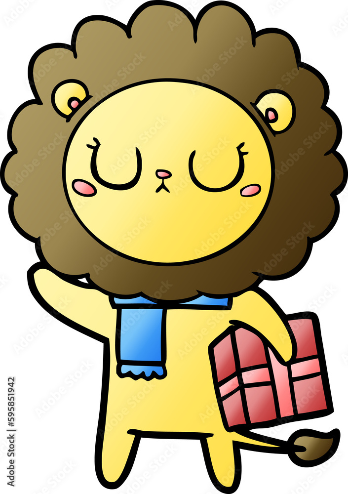 cartoon lion with christmas present cartoon lion with christmas present