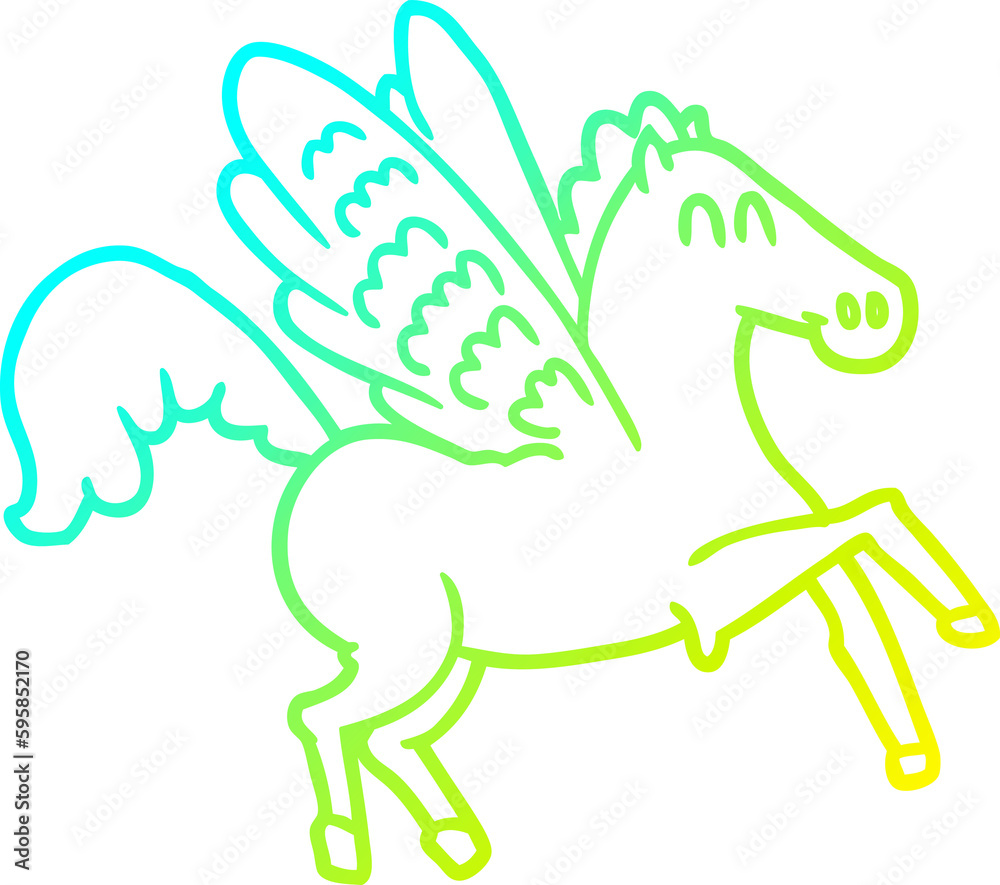 cold gradient line drawing of a cartoon winged horse