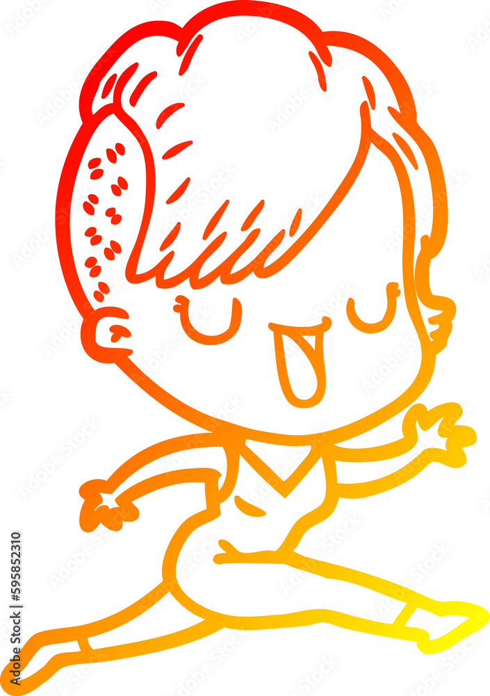 warm gradient line drawing of a cute cartoon girl with hipster haircut