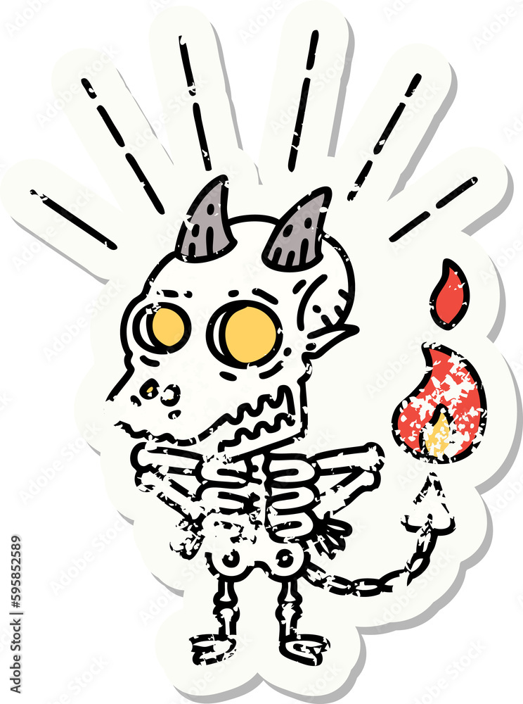worn old sticker of a tattoo style skeleton demon character worn old sticker of a tattoo style skeleton demon character
