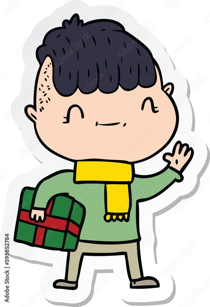 sticker of a cartoon friendly boy with christmas present sticker of a cartoon friendly boy with christmas present