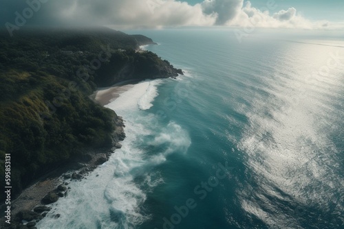 A stunning aerial view of clouds, ocean, trees, and sky. Generative AI