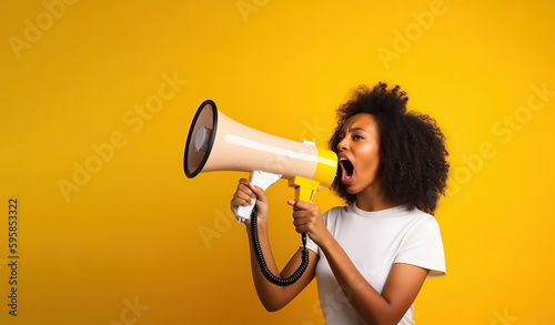 A black woman holding a megaphone and yelling into it