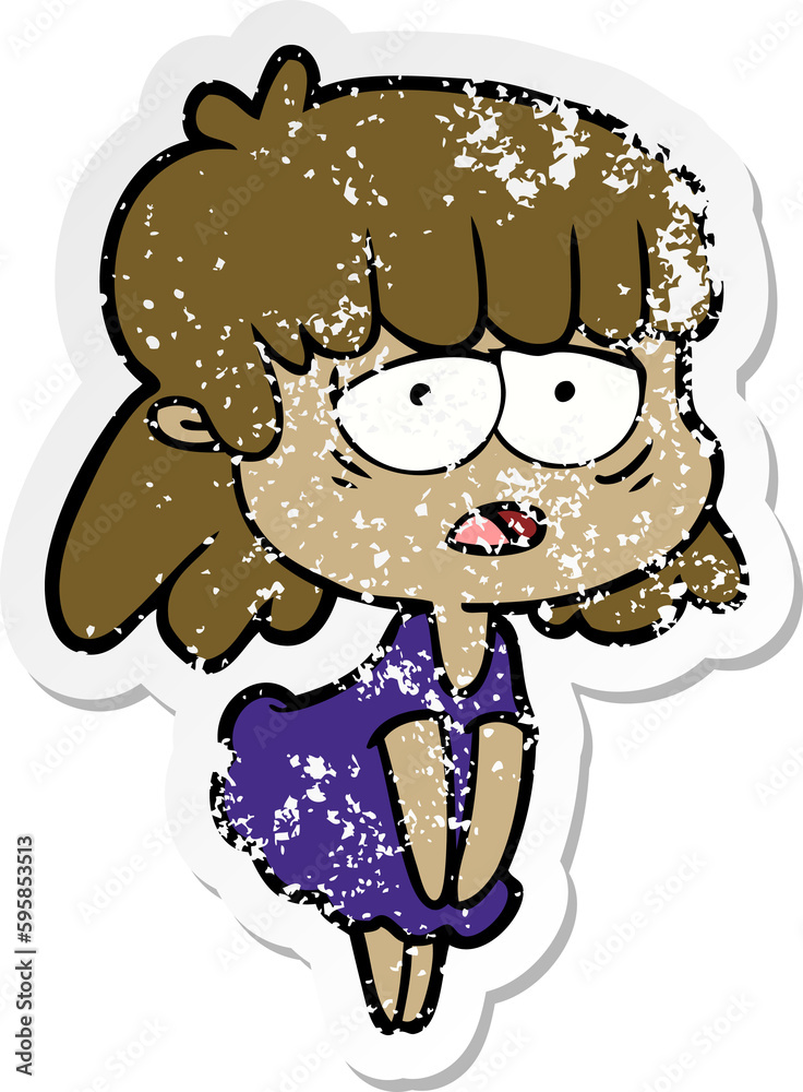 distressed sticker of a cartoon tired woman distressed sticker of a cartoon tired woman