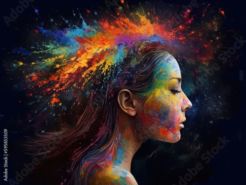 Beautiful women's Hair painted in Rainbow colors, Holi, Paint, colors, and color particles, Generative AI