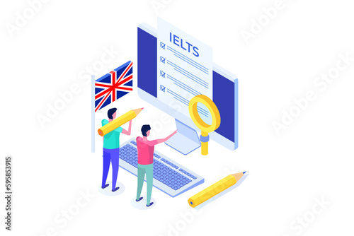 English Proficiency Test and Exam. IELTS International English Language Testing System. Isometric Vector illustration.