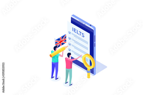 English Proficiency Test and Exam. IELTS International English Language Testing System. Isometric Vector illustration.