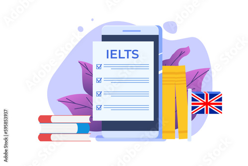 English Proficiency Test and Exam. IELTS International English Language Testing System. Vector illustration.