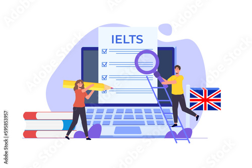 English Proficiency Test and Exam. IELTS International English Language Testing System. Vector illustration.
