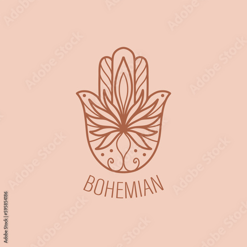 Logo hamsa for the studio of yoga and spiritual practices. Hamsa icon symbolizing protection and amulet.