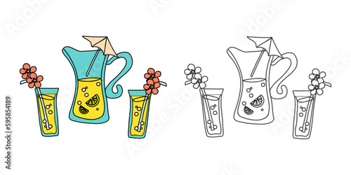 Vector illustration coloring book lemonade in a jug and glasses. An outline black and white drawing and a color version for an example