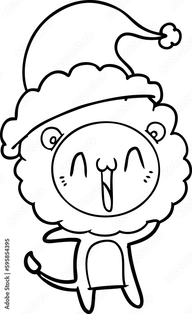happy hand drawn line drawing of a lion wearing santa hat happy hand drawn line drawing of a lion wearing santa hat