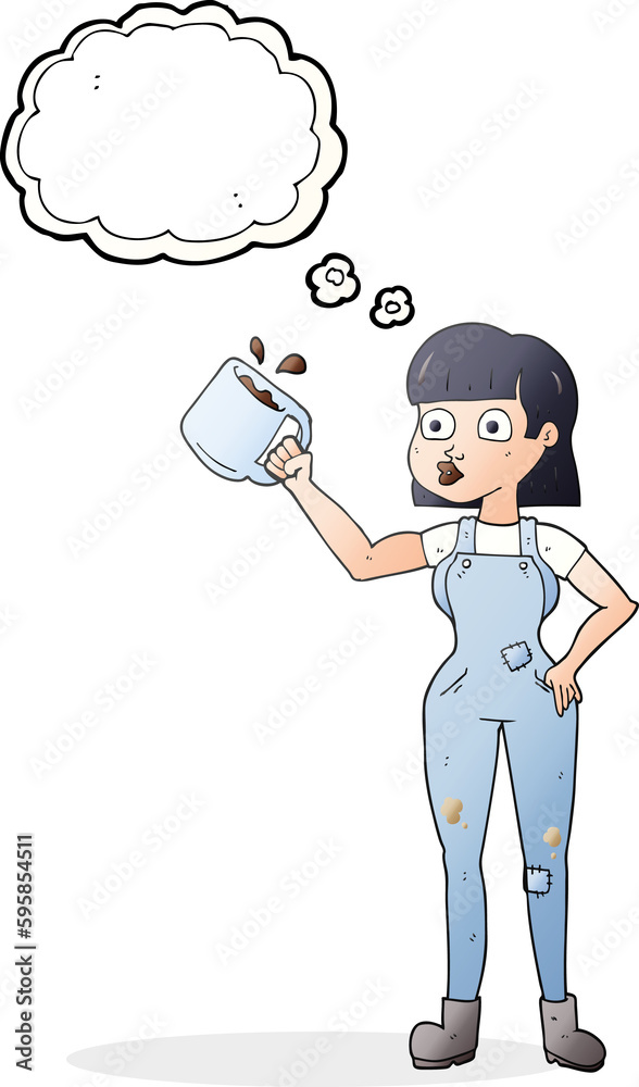 freehand drawn thought bubble cartoon female worker with coffee mug freehand drawn thought bubble cartoon female worker with coffee mug