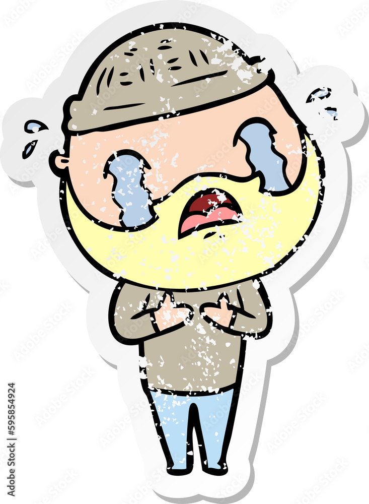distressed sticker of a cartoon bearded man crying distressed sticker of a cartoon bearded man crying