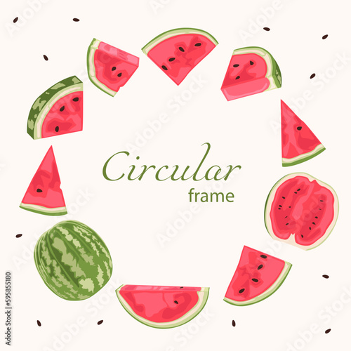 Round frame with a whole watermelon and its slices with pulp. The background is beige with fruits.