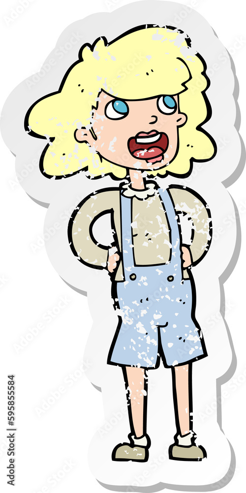retro distressed sticker of a cartoon woma in dungarees retro distressed sticker of a cartoon woma in dungarees