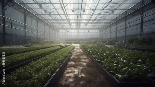 Green plants in a large glass greenhouse, industrial vegetable growing. Generative AI © cac_tus