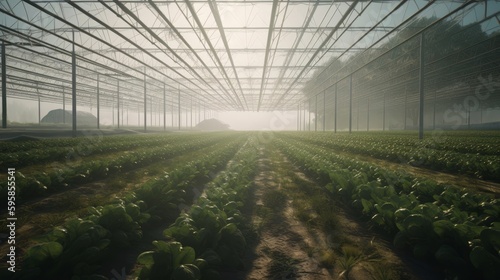 Green plants in a large glass greenhouse, industrial vegetable growing. Generative AI
