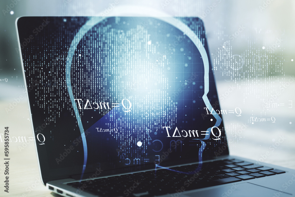 Creative artificial Intelligence concept with human head hologram on ...