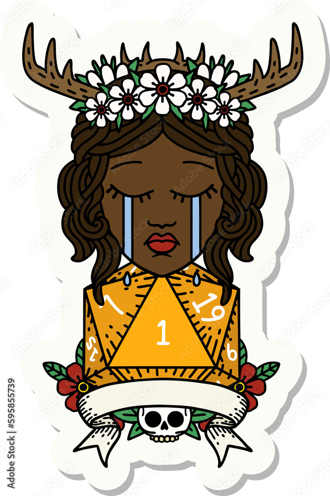 sticker of a crying human druid with natural one roll