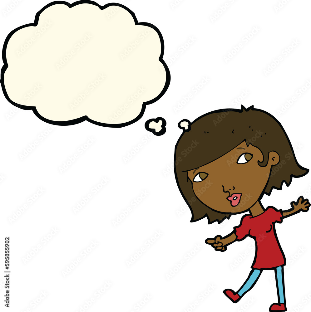 cartoon happy girl gesturing to follow with thought bubble cartoon happy girl gesturing to follow with thought bubble