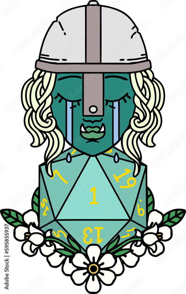 Retro Tattoo Style crying orc fighter character with natural one D20 roll Retro Tattoo Style crying orc fighter character with natural one D20 roll