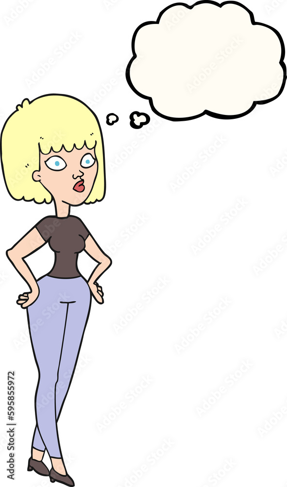 freehand drawn thought bubble cartoon woman with hands on hips freehand drawn thought bubble cartoon woman with hands on hips