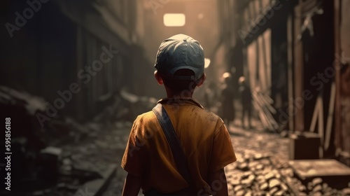 Child labor back view, concept of Exploitation and Oppression, created with Generative AI technology