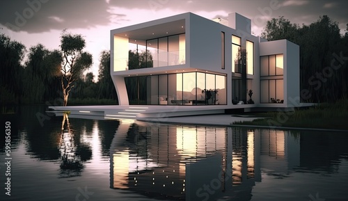Modern lakeside house with amazing water mirror, where it is an experience to live. Generative AI Technology  © Dniel