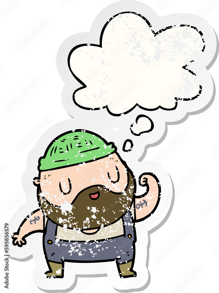 cartoon dock worker with thought bubble as a distressed worn sticker