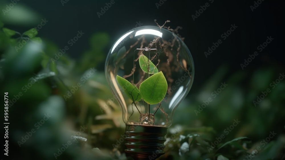 Lighbulb with plant growing inside. Global warming and save earth concept. Generative AI