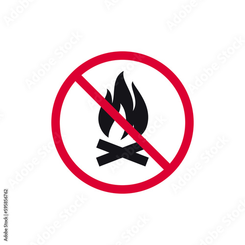 No campfired prohibited sign, no fire forbidden modern round sticker, vector illustration.