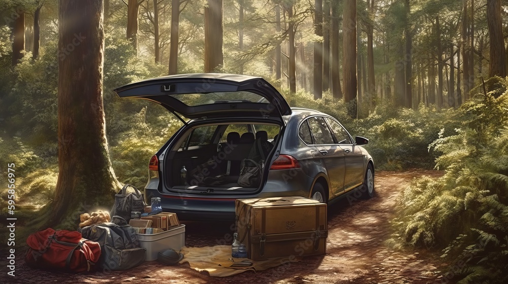 Picnic open car baggage forest photorealistic. Al generated Picnic open car baggage forest photorealistic. Al generated