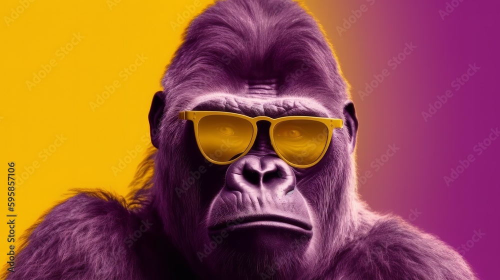 Fabulous big purple boss gorilla with tinted sunglasses on a yellow background. Generative ai