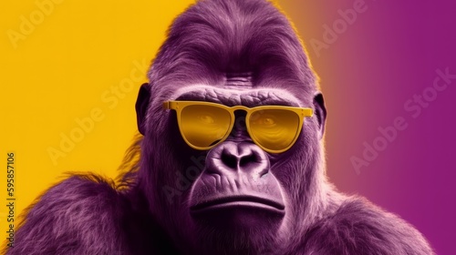 Fabulous big purple boss gorilla with tinted sunglasses on a yellow background. Generative ai © cac_tus