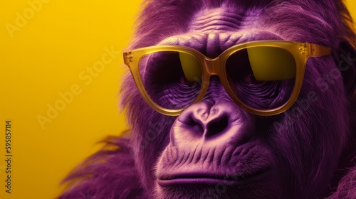 Fabulous big purple boss gorilla with tinted sunglasses on a yellow background. Generative ai