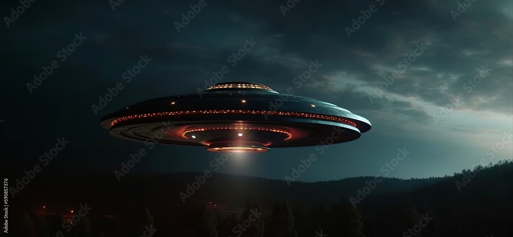 Animation UFO and Alien with red light on black background. Generative ai Animation UFO and Alien with red light on black background. Generative ai