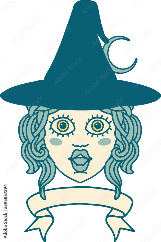Retro Tattoo Style human witch character with banner