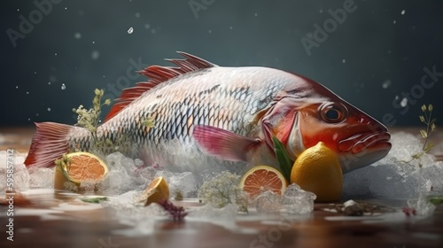 Fish frozen with garnish  concept of Culinary Art and Food Photography. Generative ai
