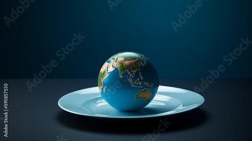 Globe on a plate for food on a blue background. Power  economy  politics  globalism  hunger  poverty and world food concept. Generative ai