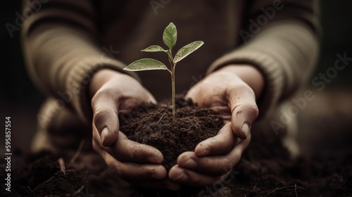 Plant in hands. Ecology concept. Nature background. AI generated