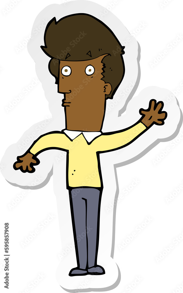 sticker of a cartoon nervous man waving