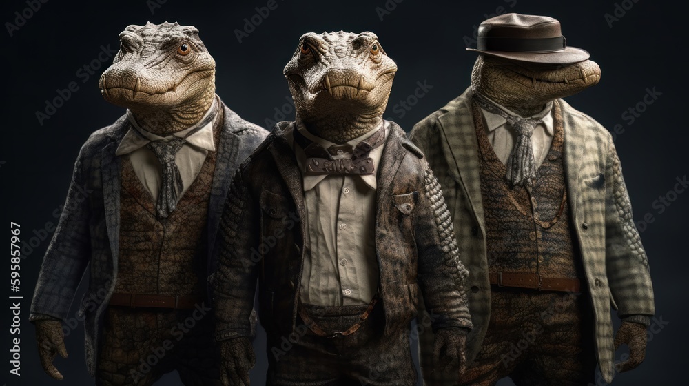 Group studio portrait of fat crocodiles in clothes. Generative ai Group studio portrait of fat crocodiles in clothes. Generative ai