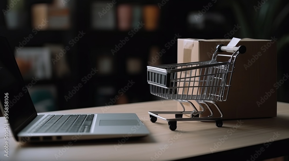 Online shopping concept. Shopping cart near a laptop on a dark background. Al generated