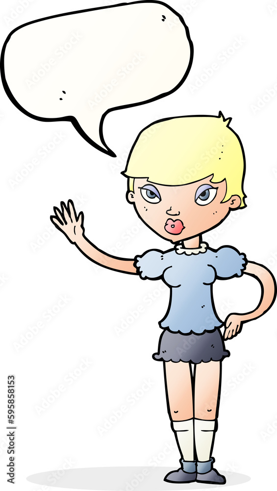 cartoon woman waving with speech bubble cartoon woman waving with speech bubble