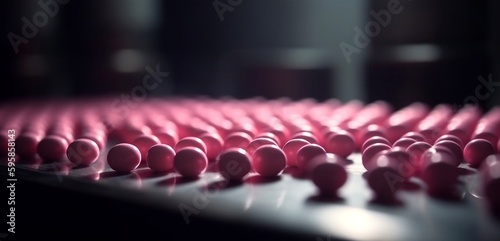 Macro shot of pink pills during production and packing. Generative ai