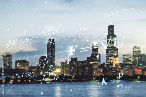 Double exposure of scientific formula hologram on Chicago city skyscrapers background, research and development concept